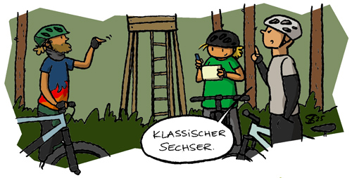 Im Wald vor einem Hochstand, Justus zählt, Juja mit Notizzettel, Uwe: 'Klassischer Sechser.'