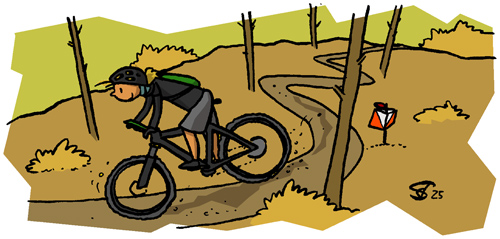 Juja fährt an einem OL-Posten vorbei einen Trail runter