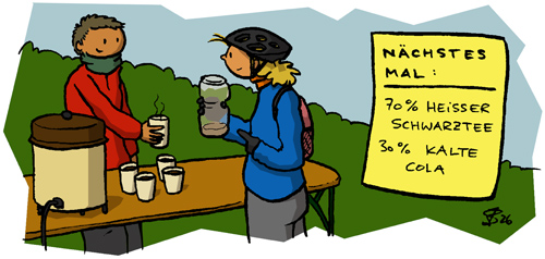 Juja am Verpflegungsstand mit Trinkbecher, daneben ein Post-It-Memo 'Nächstes Mal: 70% heißer Schwarztee 30% kalte Cola'